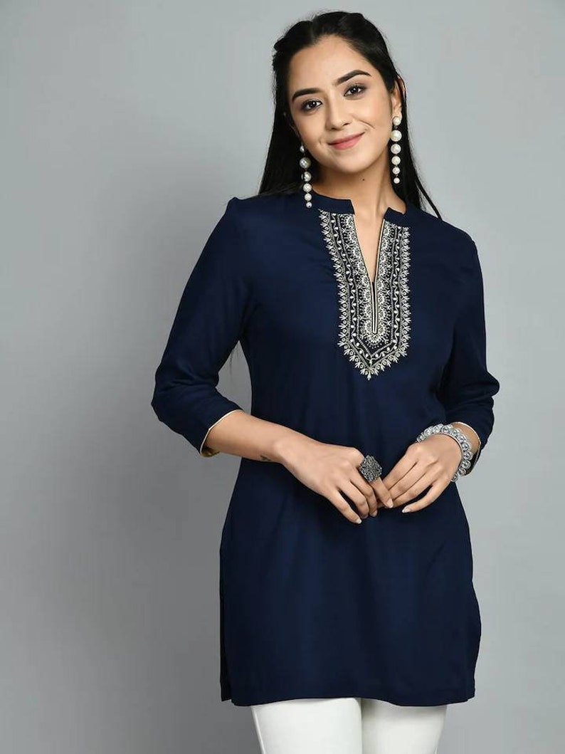 Embroidered Tunic Top For Women Navy Blue Floral Mandarin Collar Short Kurta For Women Indian Tunic Summer Tops Kurtis For Women zdjęcie 8