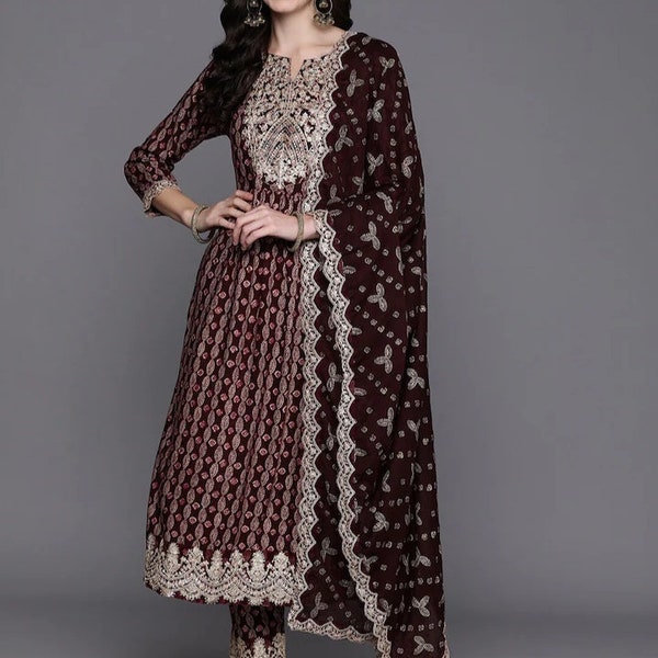 Indian Dress - Bandhani Printed Patchwork Kurta with Trousers & With Dupatta - Kurta Set For Women - Wedding Dress - Festive Salwar Suit Set
