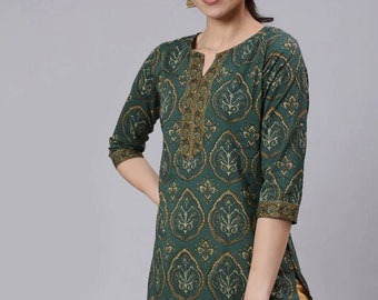 Block Printed Pure Cotton Green & Brown Tunic For Women - Indian Tunic - Short Kurta For Women - Boho Hippie - Ethnic Top For Women