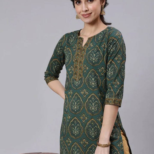 Block Printed Pure Cotton Green & Brown Tunic For Women - Indian Tunic - Short Kurta For Women - Boho Hippie - Ethnic Top For Women