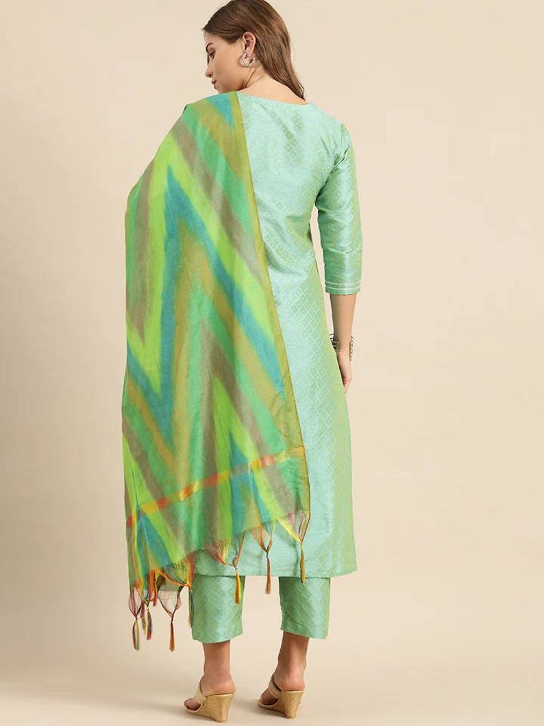 Indian Wedding Dress Silk Kurta Set For Women Indian Dress Sea Green /& Gold-Toned Embroidered Kurta with Trousers And Dupatta Kameez