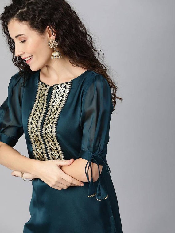 Trouser Set Teal Blue Yoke Design Silk 