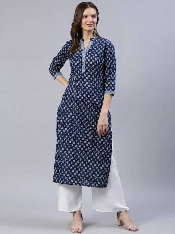 Plus Size Kurtis Online - Indigo Blue Overlap Kurti - Lotuslane