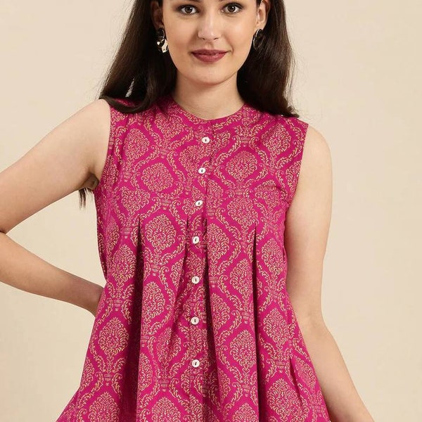 Short Sleeveless Kurti Tunic - Pure Cotton Magenta Pink & Gold-Toned Printed Tunic - Indian Dress - Kurta Women - Kurtis For Women - Ethnic