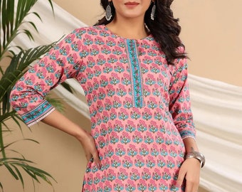 Short Kurti - Pink , Blue & Green Ethnic Motifs Printed Pure Cotton Straight Kurti For Women - Indian Tunic - Kurtis For Women - Ethnic Tops