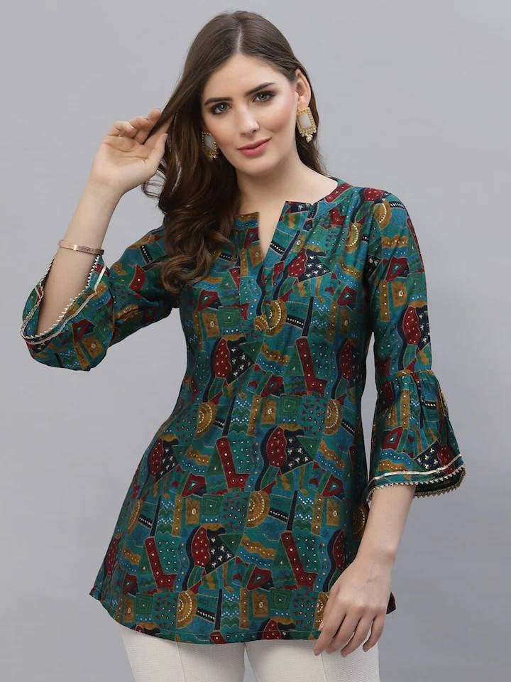 Ethnic Block Printed Mother-of-Pearl Buttoned Short Kurti - Rust – FASHOR