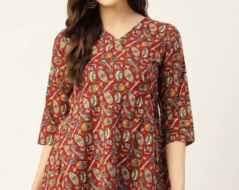 Angrakha Tuniek voor vrouwen - Kastanjebruine &groene Pure Katoen Bedrukte Tuniek - Indiase Tuniek - Korte Kurti - Zomer Tops - Etnische Angrakha Korte Kurta