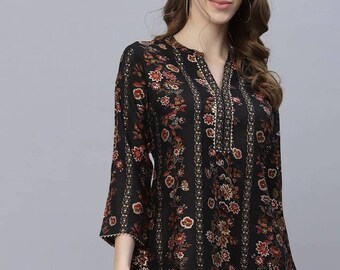 Indische Tunika - Schwarz-Rot Modal Bedruckte Super Bequeme Tunika für Frauen - Kurze Kurtis für Frauen - Sommer Tops und T-Shirts - Ethnische Kleidung