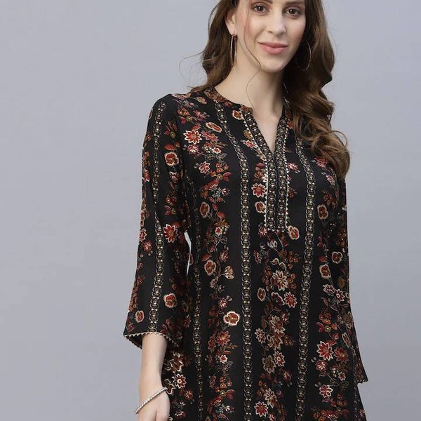 Indian Tunic - Black & Red Modal Printed Super Comfortable Tunic For Women - Short Kurtis For Women - Summer Tops And Tee's - Ethnic Wear