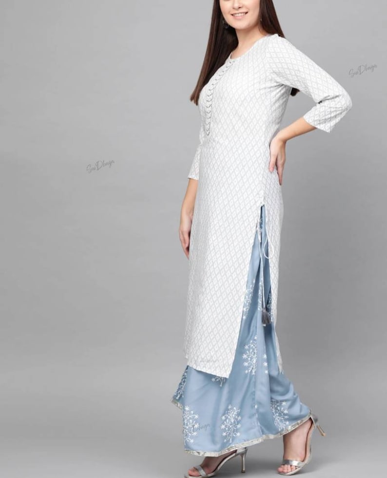 Women  Blue Printed Straight Kurta Palazzos Set