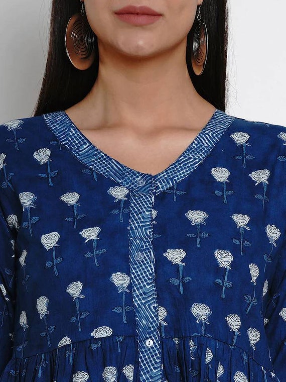 Tunique indienne Haut de style chemise imprim bleu marine en pur