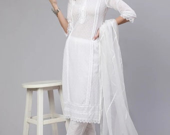 Indiase jurk - wit puur katoen gestreept zelfontwerp draadwerk Kurta & broek met Dupatta - Kurta-sets voor dames - Indiase etnische kleding
