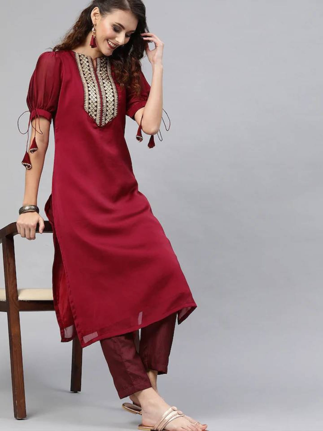 Kurta Set for Women Maroon Embroidered Puff Sleeved Kurta - Etsy Singapore