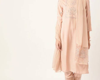 Indiase jurk - Perzikkleurig jukontwerp Spiegelwerk Kurta met broek en met Dupatta - Kurta-set voor dames - Etnische trouwkleding