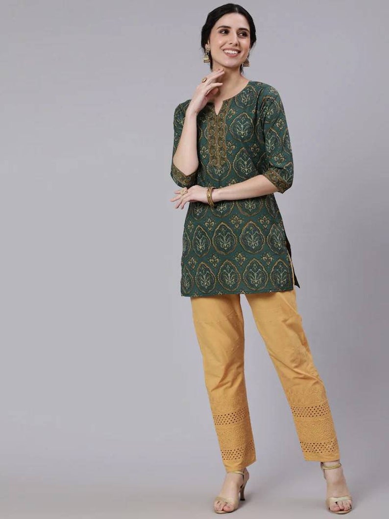 Tunique verte et marron en pur coton à imprimé bloc pour femme Tunique indienne Kurta courte pour femme Boho hippie Haut ethnique pour femme image 5