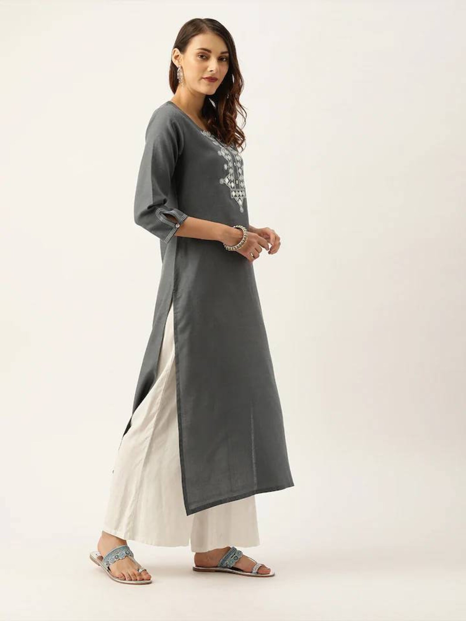 Kurta Women Grey Yoke Design Mirror Work Straight Cotton Etsy