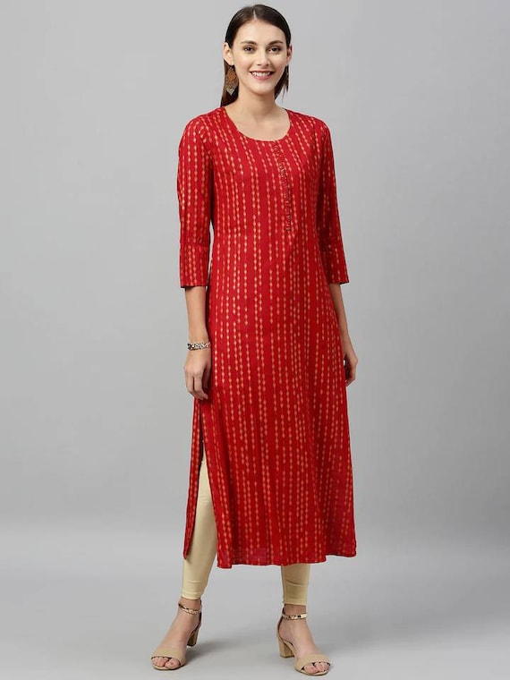 Buy Casual Wear Red Embroidery Work Cotton Slub Kurti With Pant Online From  Surat Wholesale Shop.