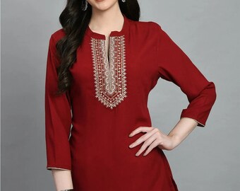 Haut tunique brodé pour femme - Short kurta bordeaux à col mao pour femme - Tunique indienne ethnique - Hauts d'été - Kurti festif pour femme