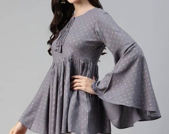 Indian Tunic - Grey & Beige Print Tie-Up Neck Peplum Top For Women - Flared Sleeve / Bell Sleeve Summer Tops - Short Kurti - Kurta For Women