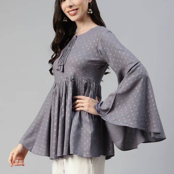 Tunique indienne - Haut à basque à col noué et imprimé gris et beige pour femme - Hauts d'été à manches évasées / manches cloche - Kurti court - Kurta pour femme