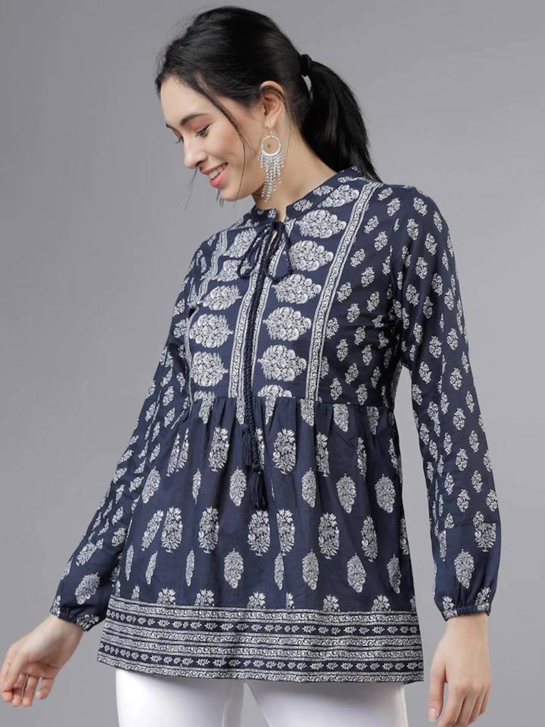 Ethnic Top Cotton Navy Blue & White Printed Tunic for Women - Etsy