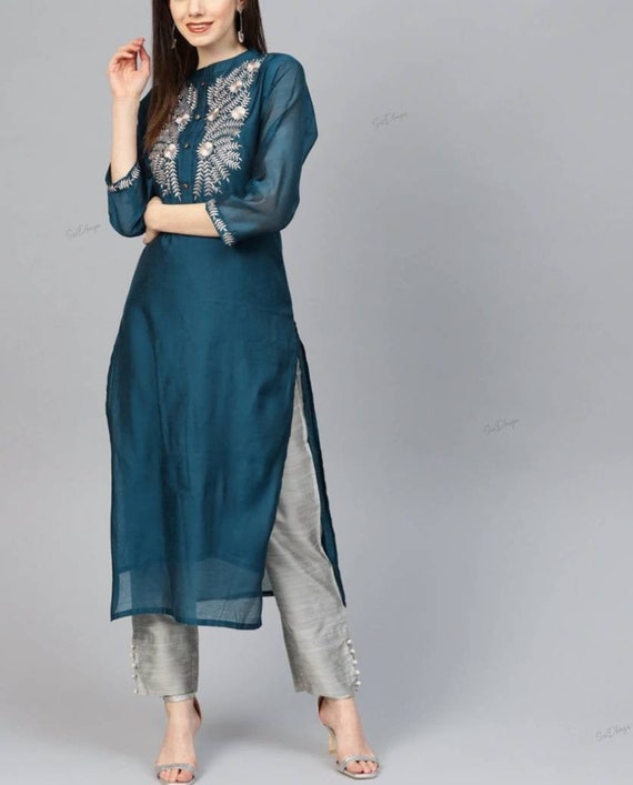 Teal Blue Satin Kurti with Black Cotton Silk Pants Kurti Set