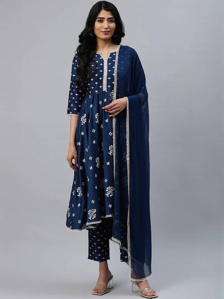 Pure Silk Kurta Set for Women Blue & Off-white Printed - Etsy