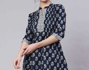 Tunique pour femme - Tunique indienne 100 % coton à imprimé floral et col mao pour femme - Kurti court - Hauts ethniques pour femme - Hauts bohèmes d'été