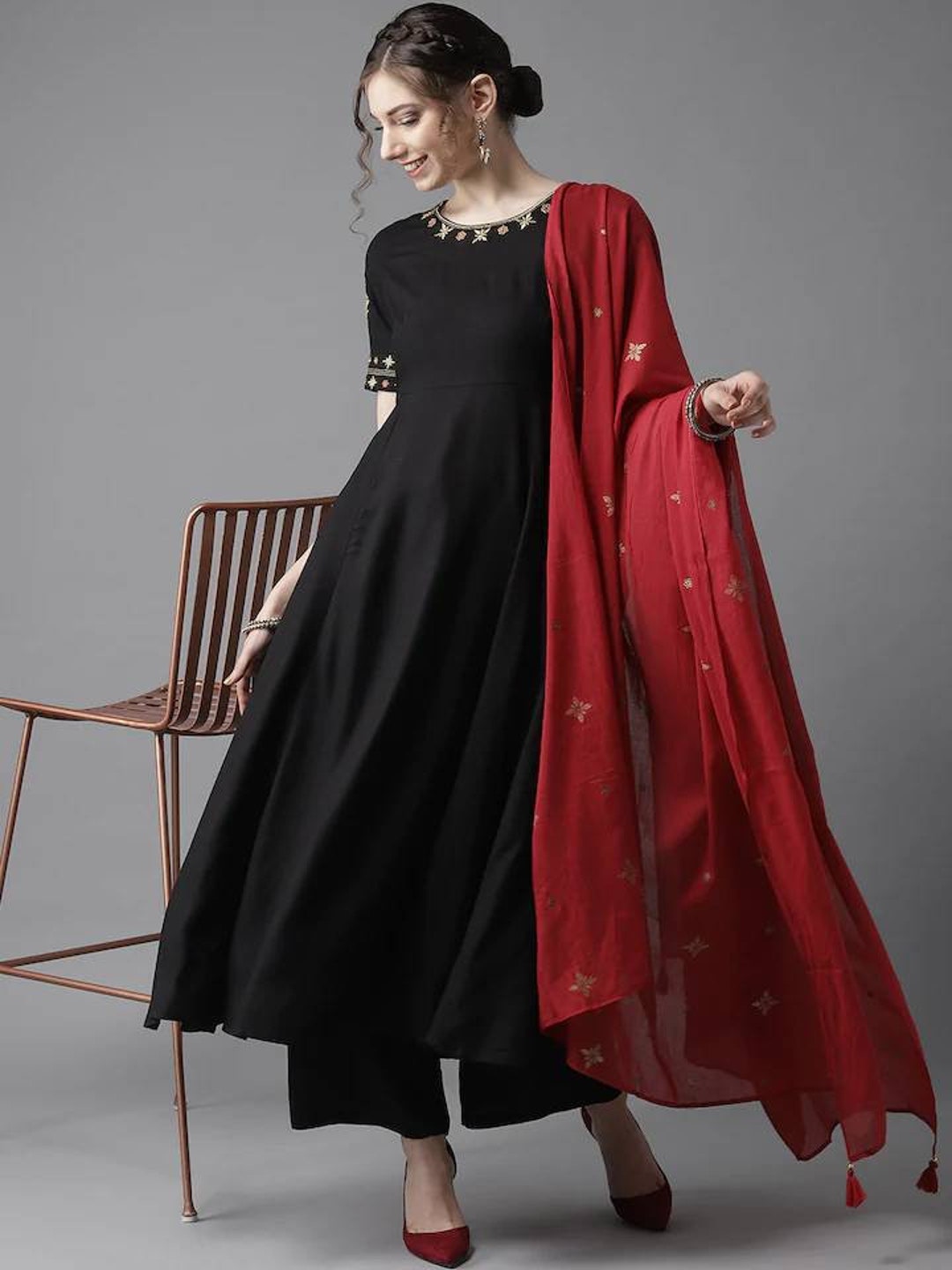 Women's Black Solid Kurta Sets with Palazzos & Dupatta