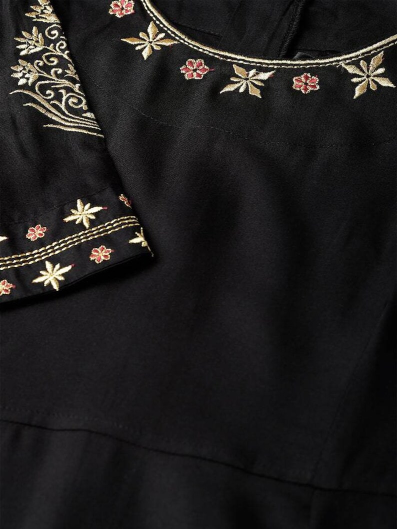 Girls Black Cotton Embroidered Kurta with Palazzos set & Dupatta