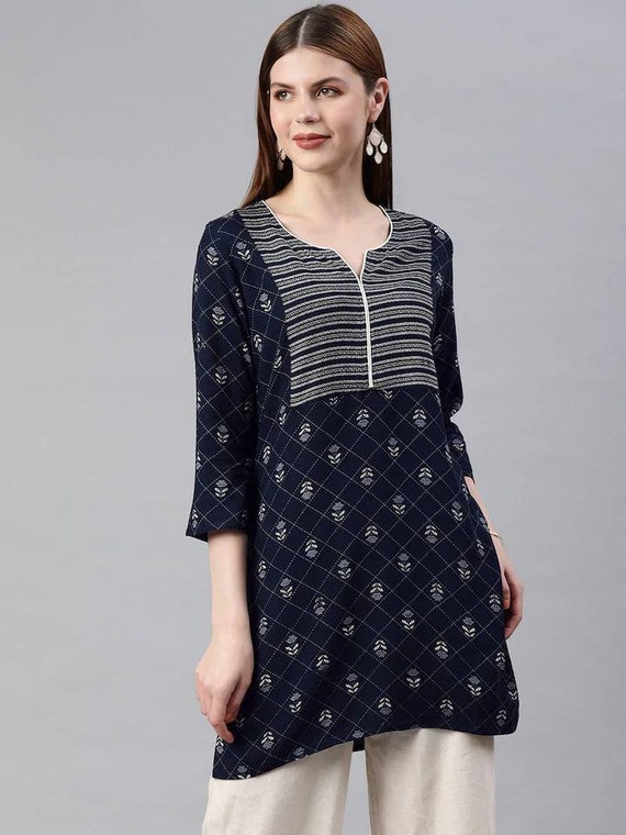 Navy Blue Printed Casual Kurti for Women - desiymien.com