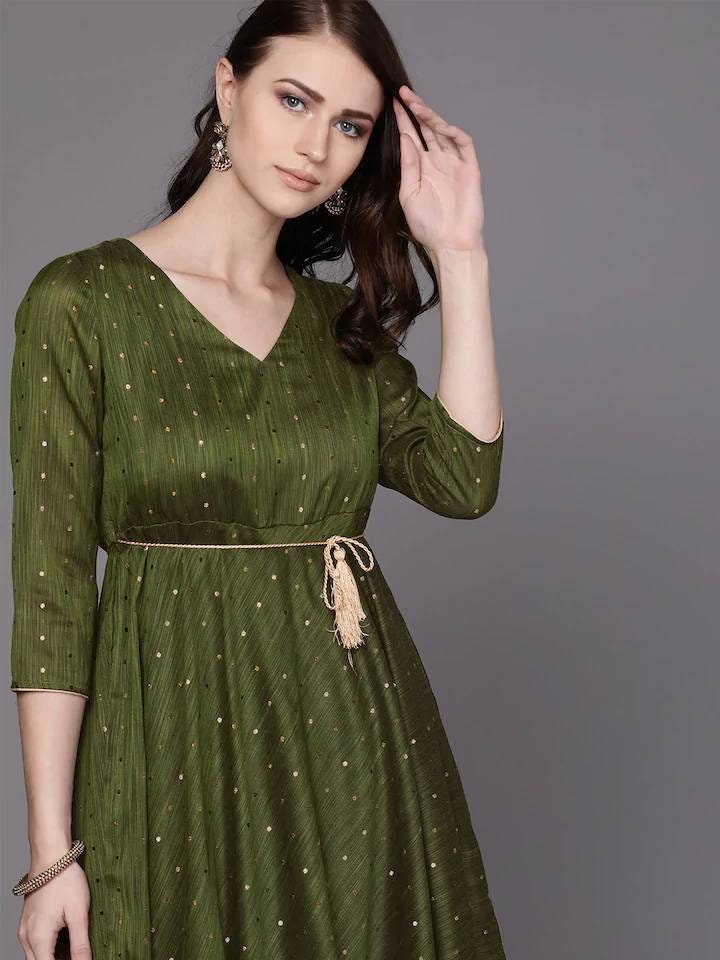 Kurta Set For Women Olive Green & Golden Self Design Kurta Etsy