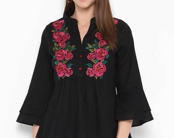 Indian Tunic For Women - Black Floral Pure Cotton Embroidered Summer Top For Women - Bell Sleeve Short Kurtis For Women - Indian Dress