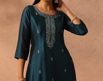 Seiden-Kurti – Petrolblaue ethnische Motive, gerade bestickte Kurta für Frauen – indisches Kleid – festliche Kleidung – Hochzeitskleid – indische Tuniken-Oberteile