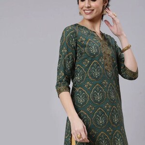 Block Printed Pure Cotton Green & Brown Tunic For Women Indian Tunic Short Kurta For Women Boho Hippie Ethnic Top For Women image 3