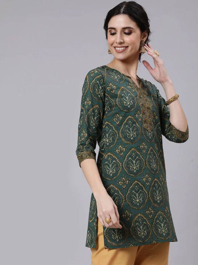 Block Printed Pure Cotton Green & Brown Tunic For Women Indian Tunic Short Kurta For Women Boho Hippie Ethnic Top For Women image 3