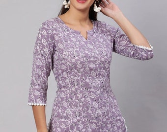 Kurti pour femme - Tunique indienne en pur coton à imprimé floral violet pour femme - Kurta courte - Tops ethniques d'été pour femme - Tops bohèmes -