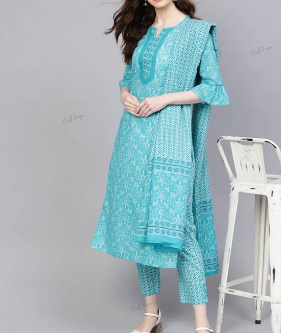 Royal Blue And White Kurti With Pants