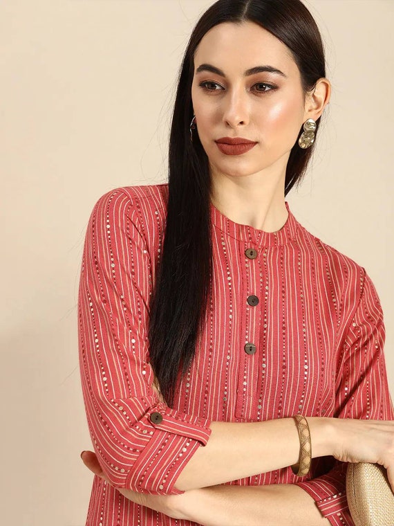 Buy Pink Cotton Striped Kurta with Pants- Set of 2 online at Theloom | Long kurta  designs, Kurta neck design, Plain kurti designs