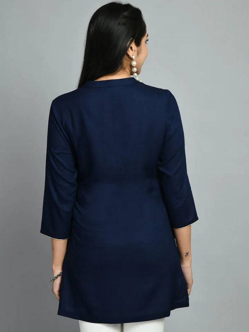 Embroidered Tunic Top For Women Navy Blue Floral Mandarin Collar Short Kurta For Women Indian Tunic Summer Tops Kurtis For Women zdjęcie 4