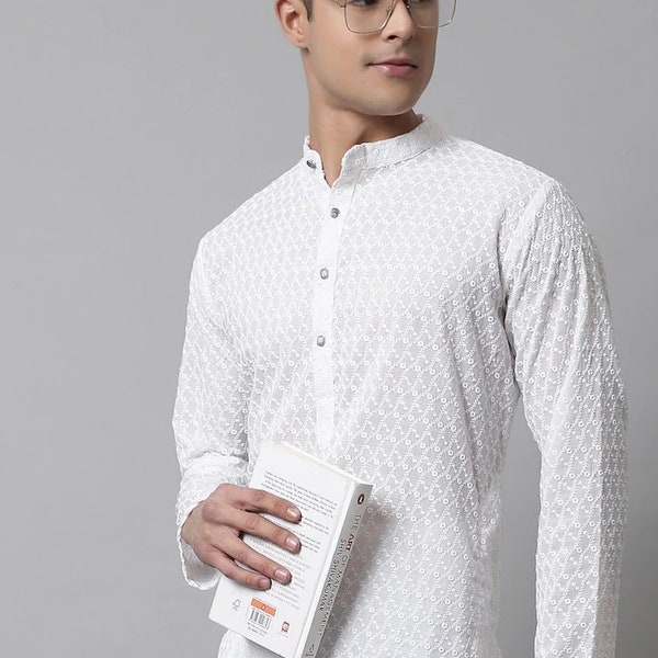 White Kurta Set For Men - Embroidered Chikankari Pure Cotton Kurta with Churidar - Ethnic Wear For Men - Indian Wedding Wear - Kurta Pajama