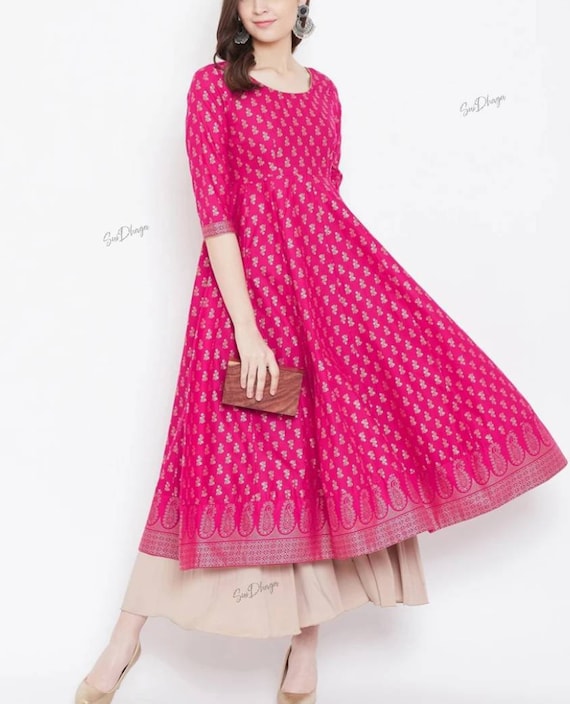Buy Anarkali Kurta Dress Blue / Pink / Black / Red & Golden Printed Anarkali  Kurta for Women Kurtis for Women Anarkali Kurti Ethnic Online in India -  Etsy