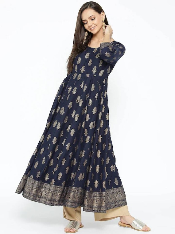 Navy Blue Long Cotton Kurta with Palazzo Designer Layered Anarkali Kur –  Lady India