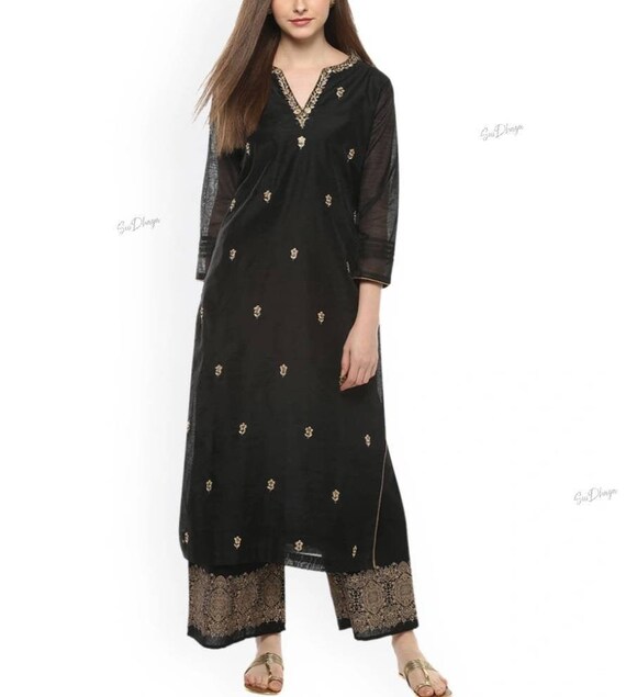 Women Black Embroidered Straight Kurta Palazzos set