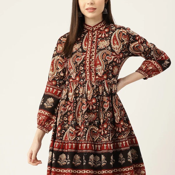 Tunique ethnique - Tunique indienne 100 % coton imprimée à col mao pour femme - Tunique indienne - Kurta court pour femme - Kurti court - Hauts pour femme