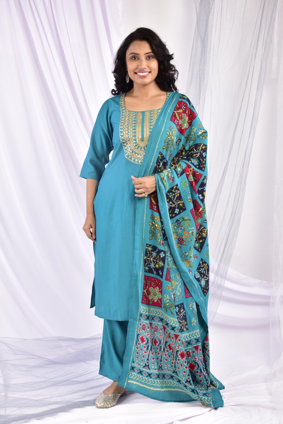 Plus size semi silk kurti set with organza  dupatta main image 1