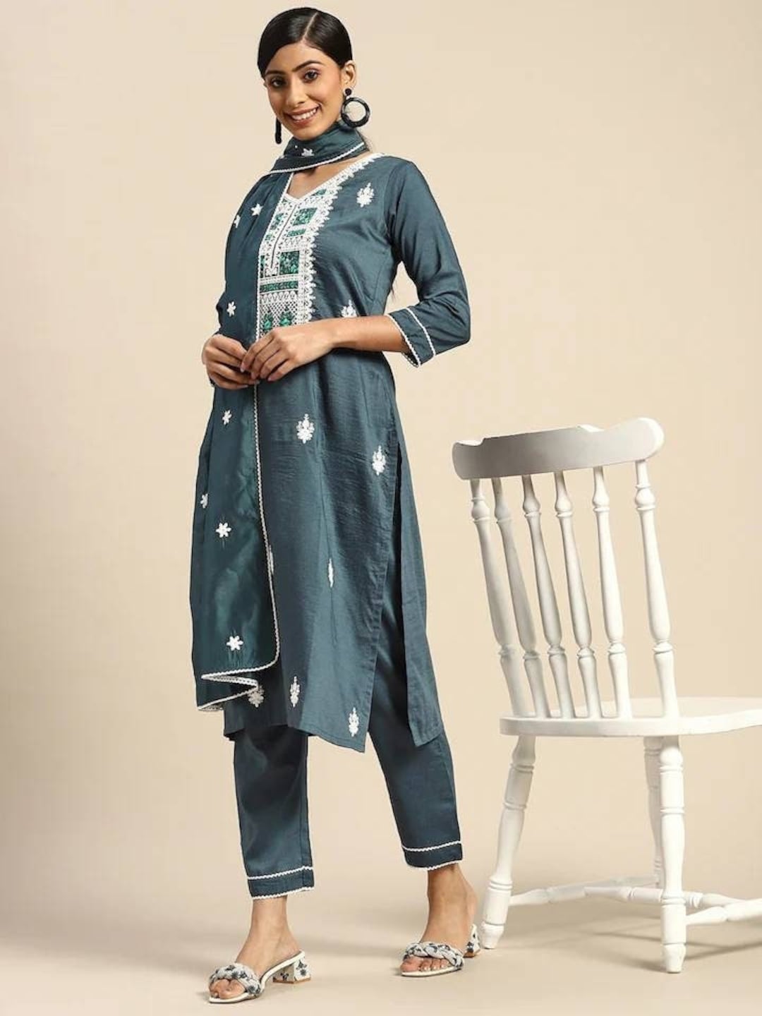 Silk Kurta Set Teal Blue Ethnic Motifs Embroidered Kurta With Trouser ...