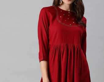 Tunique indienne pour femme - Haut court kurti trapèze uni bordeaux pour femme - Kurtis court pour femme - Tops et t-shirts d'été - Tops ethniques femme