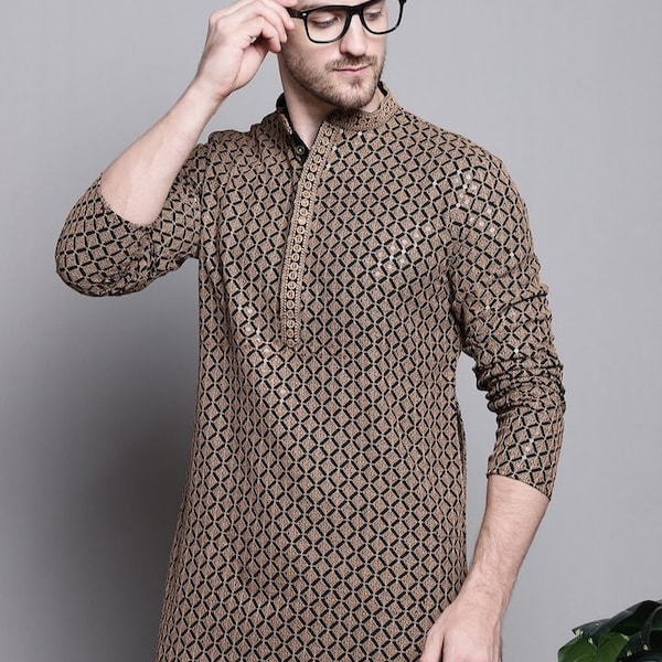Chikankari Kurta Set For Men - Geometric Self Design Thread Work Pure Cotton Kurta With Pyjamas - Kurta With Pajama - Ethnic Wear For Men