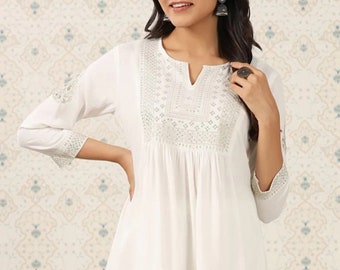 Tunic - White Floral Embroidered Sequinned A Line Top For Women - Short Kurti - Kurtis For Women - Short Kurta - Ethnic Indian Shirt Women